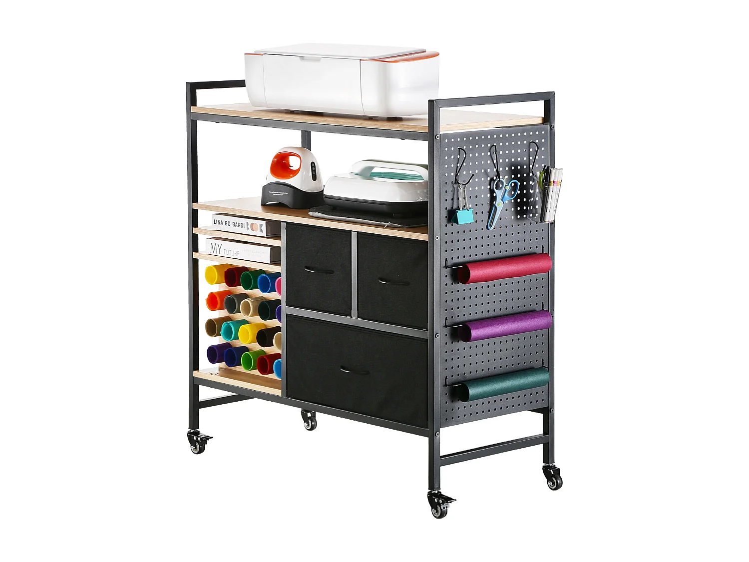 Chariot de Rangement et Table de Travail SucceBuy, Table de Travail avec 20 Porte-rouleaux de Vinyle et 3 Tiroirs, Idéal pour les Espaces Créatifs, Noir