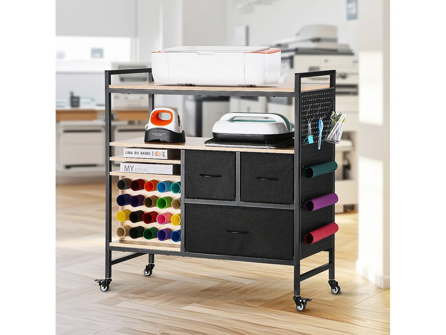 Chariot de Rangement et Table de Travail SucceBuy, Table de Travail avec 20 Porte-rouleaux de Vinyle et 3 Tiroirs, Idéal pour les Espaces Créatifs, Noir