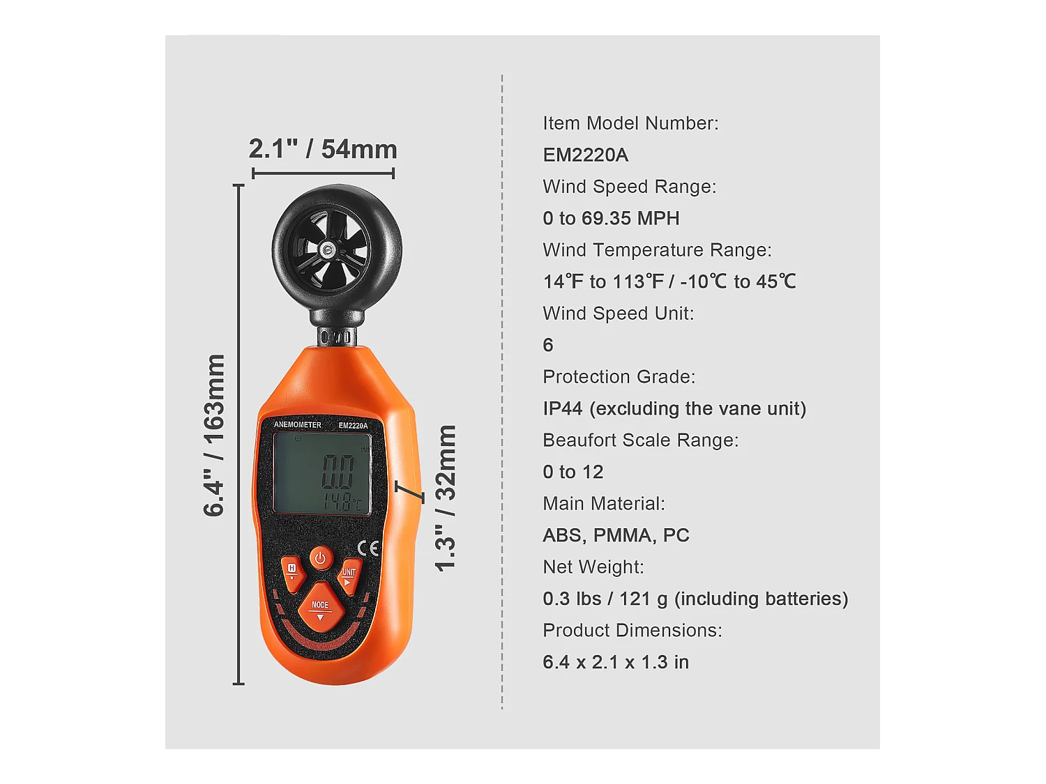 Anémomètre Portable SucceBuy, -10 ℃ à 45 ℃ Mesure Vitesse du Vent, Température du Vent