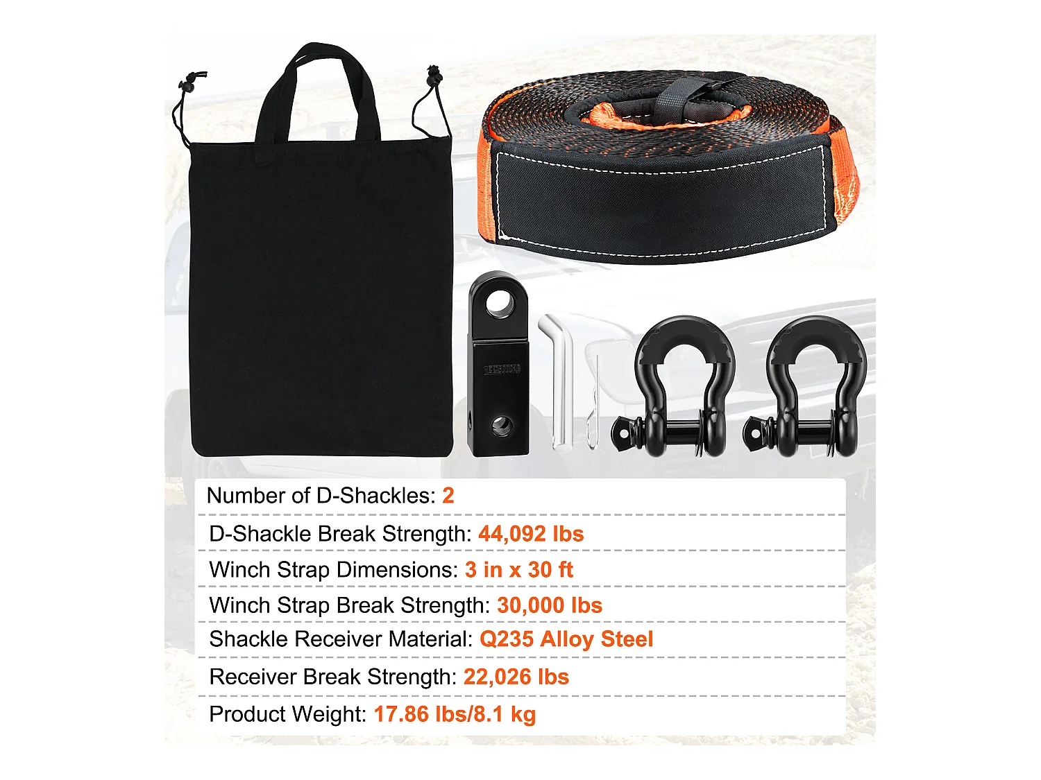 Kit de Récupération Tout-terrain, SucceBuy, Kit de Récupération de Treuil, Kit d'Urgence pour Manille de Sangle de Remorquage, 76 x 9144 mm, 13 608 kg, 5 Pièces