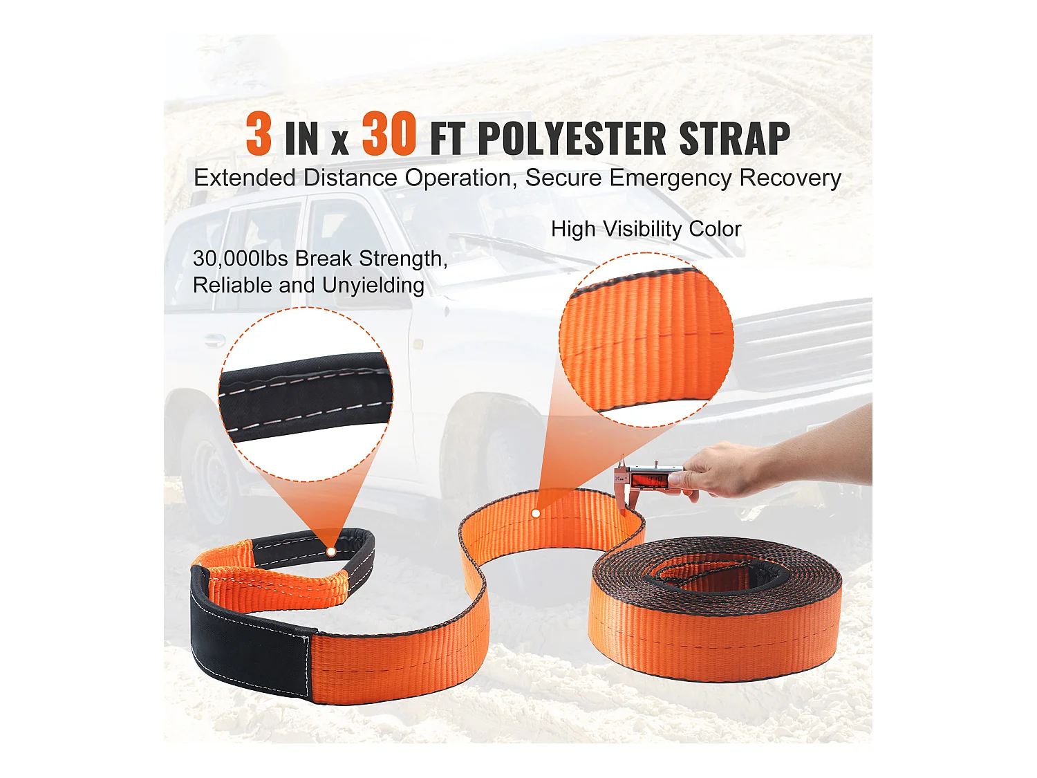 Kit de Récupération Tout-terrain, SucceBuy, Kit de Récupération de Treuil, Kit d'Urgence pour Manille de Sangle de Remorquage, 76 x 9144 mm, 13 608 kg, 5 Pièces