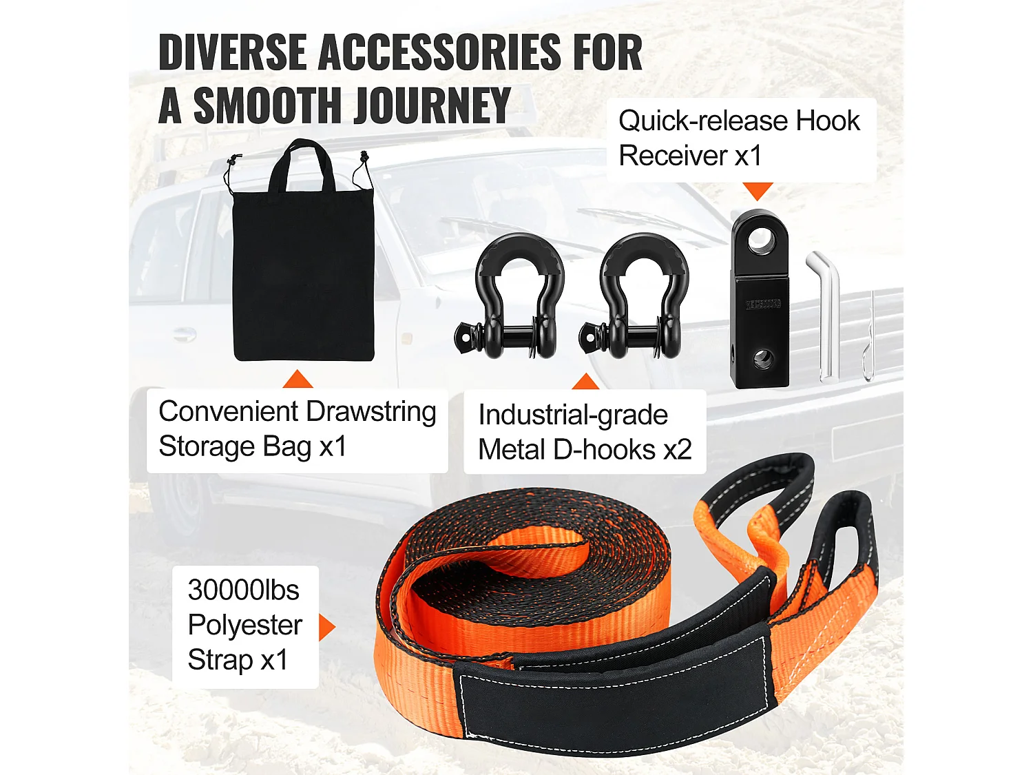 Kit de Récupération Tout-terrain, SucceBuy, Kit de Récupération de Treuil, Kit d'Urgence pour Manille de Sangle de Remorquage, 76 x 9144 mm, 13 608 kg, 5 Pièces