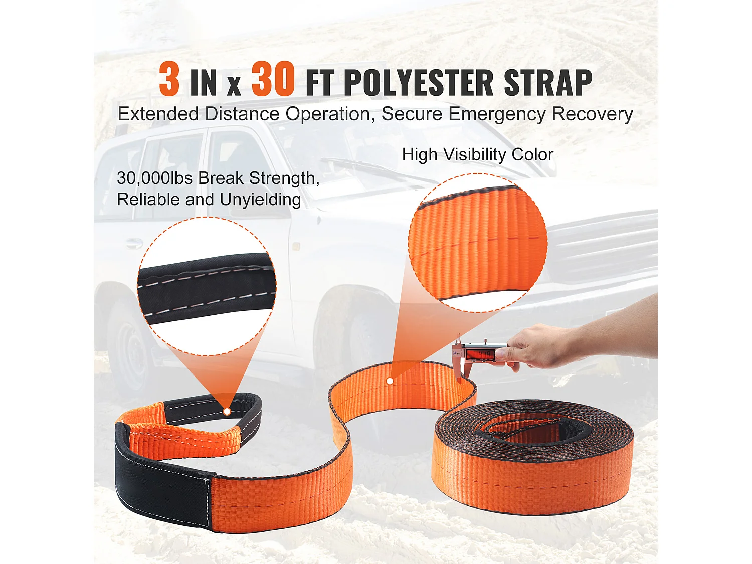 Kit de Récupération Tout-terrain, SucceBuy, Kit de Récupération de Treuil, Kit d'Urgence pour Manille de Sangle de Remorquage, 76 x 9144 mm, 13 608 kg, 5 Pièces