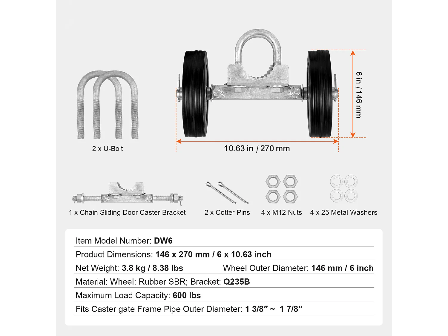 Kit de Portail Coulissant, SucceBuy Ensemble de Portail Coulissant 15,24 cm Réglable, Charge de 272 kg
