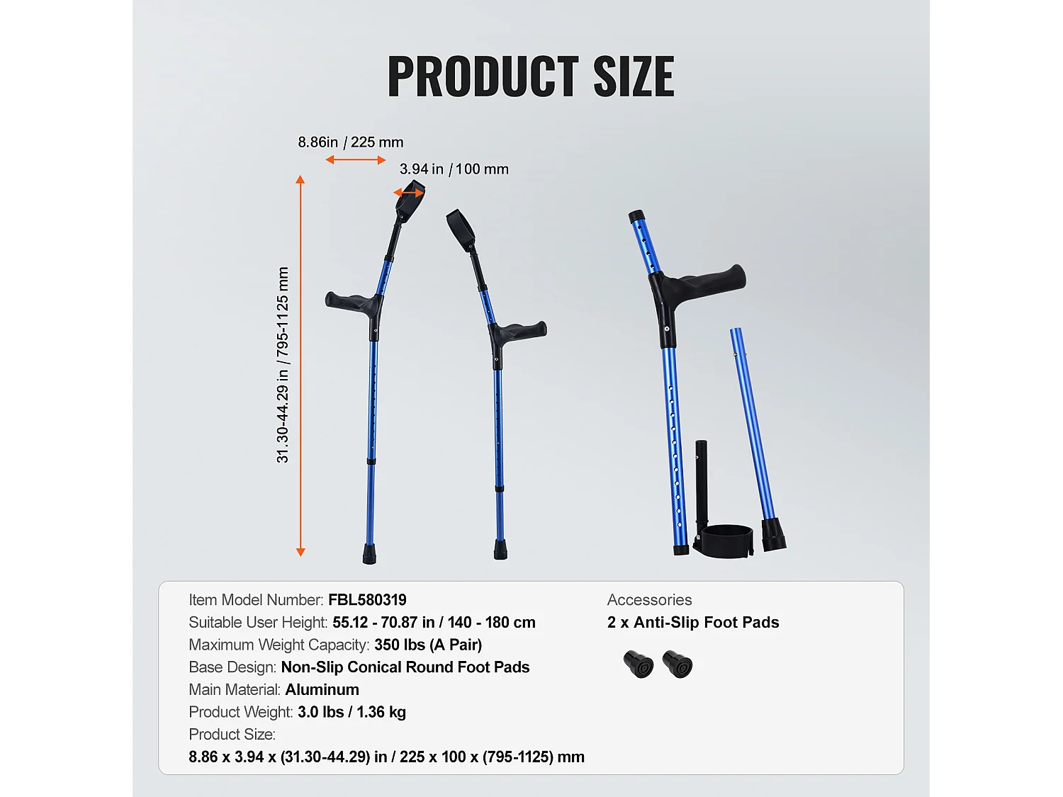 Béquilles Axillaires, SucceBuy Béquilles d'Avant-Bras Béquilles de Marche en Aluminium avec Hauteur et Poignets Réglables