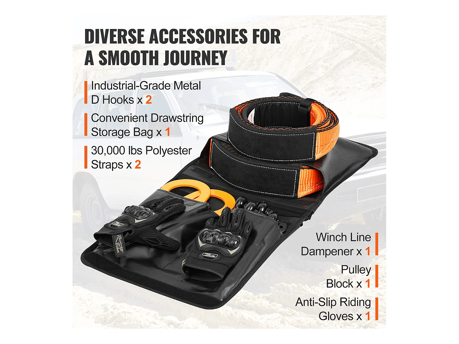 Kit de Récupération Tout-terrain, SucceBuy, Kit de Récupération de Treuil, Kit d'Urgence pour Manille de Sangle de Remorquage, 76 x 9144 mm, 13 608 kg, 8 Pièces