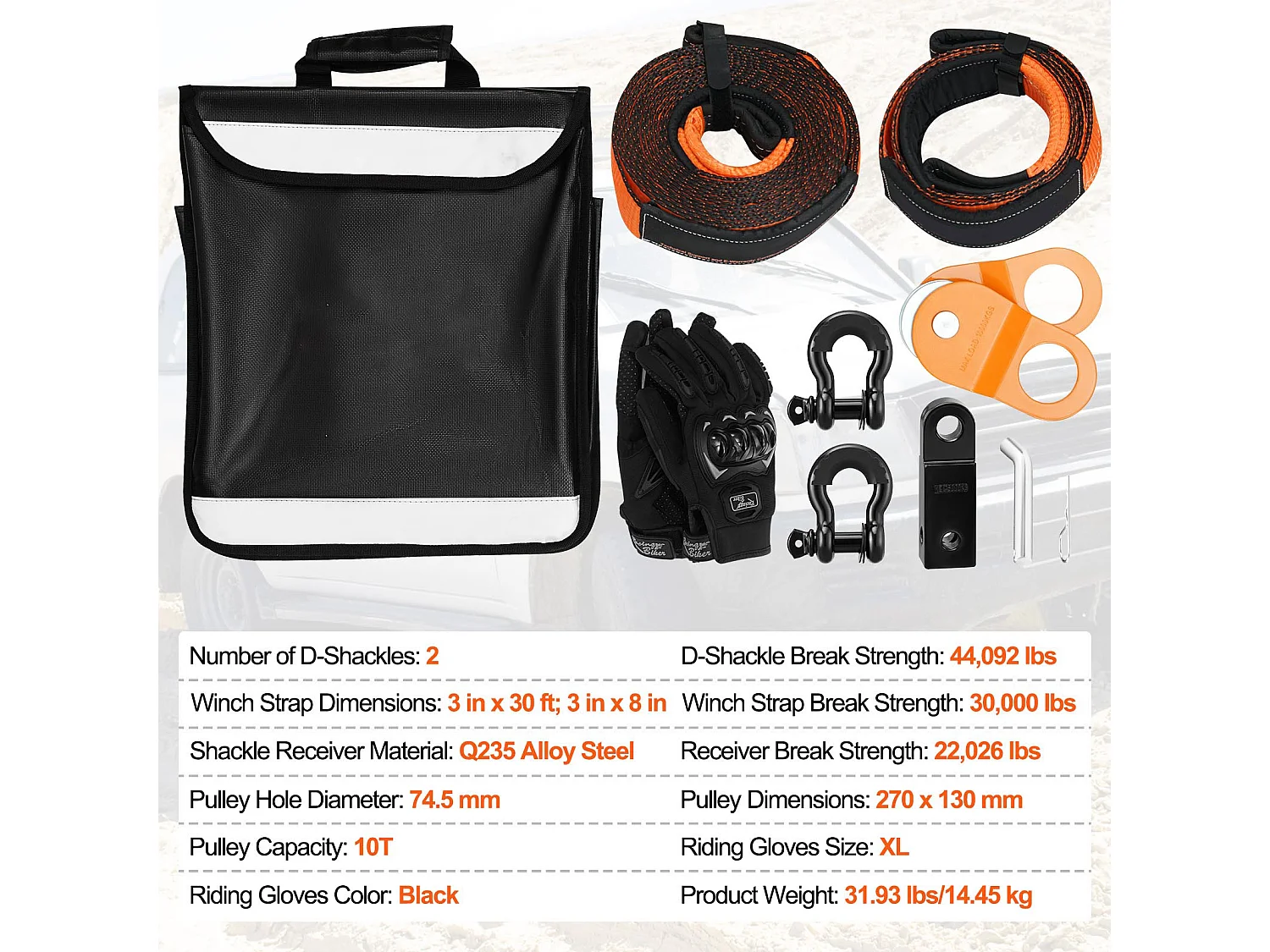 Kit de Récupération Tout-terrain, SucceBuy, Kit de Récupération de Treuil, Kit d'Urgence pour Manille de Sangle de Remorquage, 76 x 9144 mm, 13 608 kg, 8 Pièces