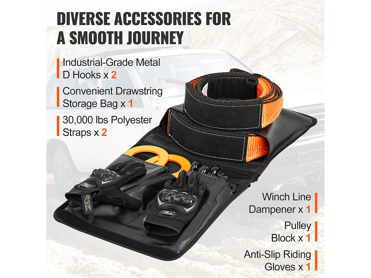 Kit de Récupération Tout-terrain, SucceBuy, Kit de Récupération de Treuil, Kit d'Urgence pour Manille de Sangle de Remorquage, 76 x 9144 mm, 13 608 kg, 8 Pièces