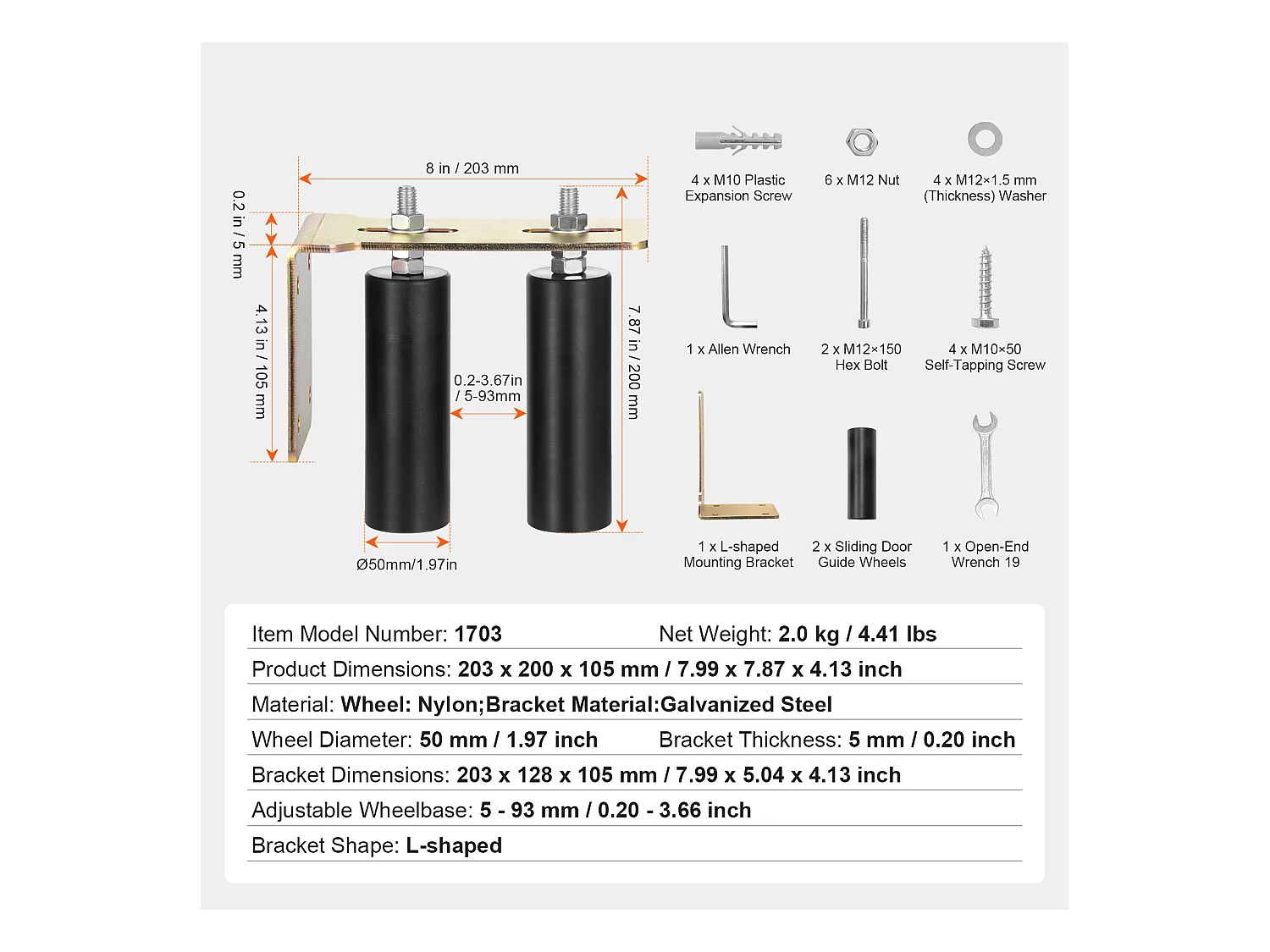 Kit de Portail Coulissant, SucceBuy Kit de Portail Coulissant, Quincaillerie Roulante de 15,24 cm avec Support en L, Réglable