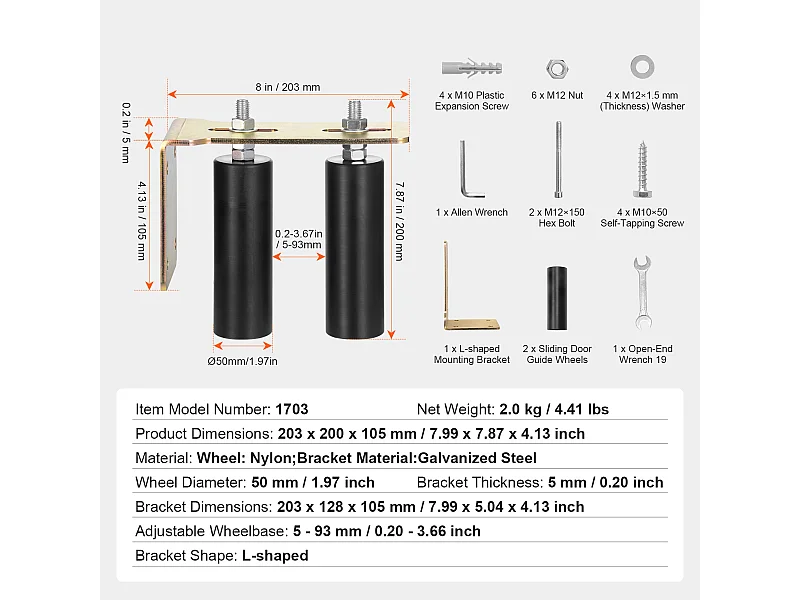 Kit de Portail Coulissant, SucceBuy Kit de Portail Coulissant, Quincaillerie Roulante de 15,24 cm avec Support en L, Réglable
