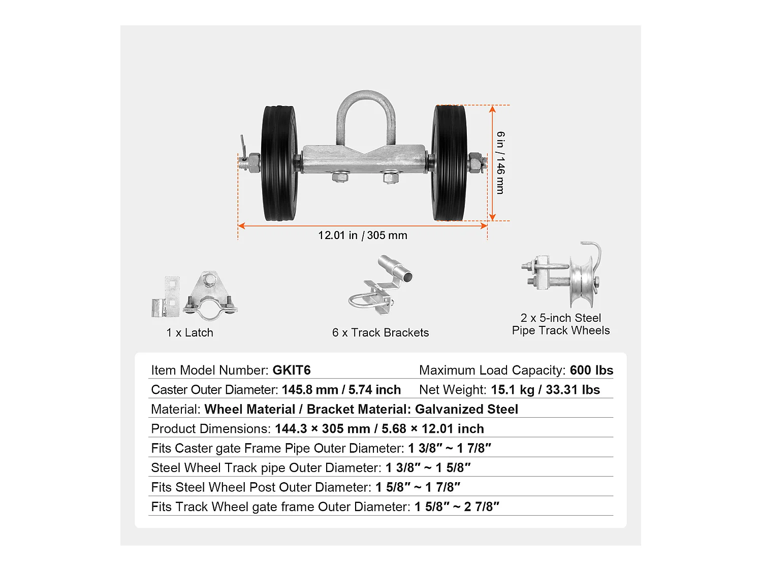 Kit de Portail Coulissant, SucceBuy Kit de Portail Coulissant de 15,24 cm, Capacité de 272 kg, Robuste pour Rails Connect