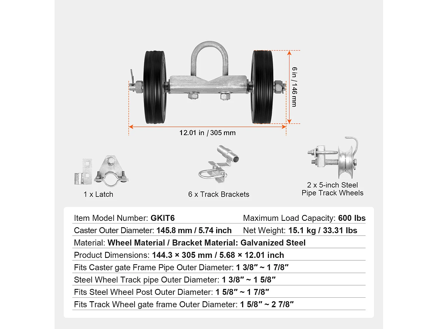 Kit de Portail Coulissant, SucceBuy Kit de Portail Coulissant de 15,24 cm, Capacité de 272 kg, Robuste pour Rails Connect