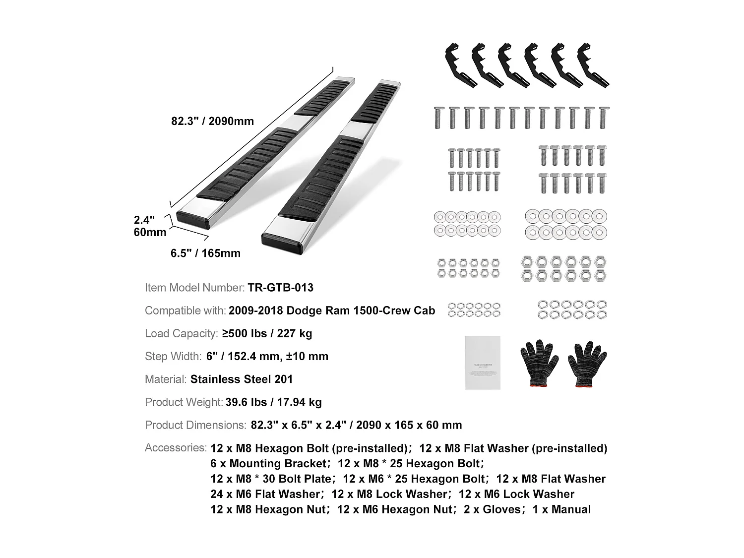Treeplanken, SucceBuy, Treeplanken van 152.4 mm voor Dodge Ram 1500 Crew Cab 2009-2018, 227 kg
