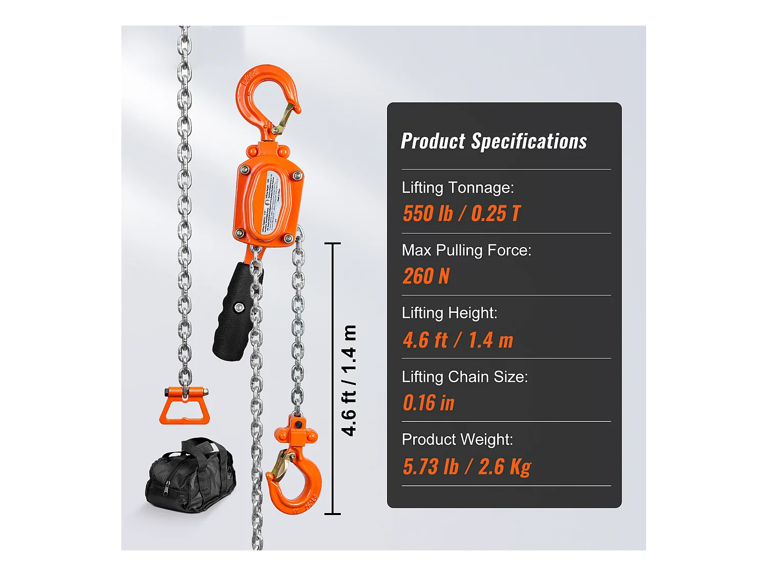 Palan à Chaîne à Levier SucceBuy, Capacité de 249 kg, 152,4 cm, Cliquet G80, pour Chantiers de Construction, Quais et Entrepôts