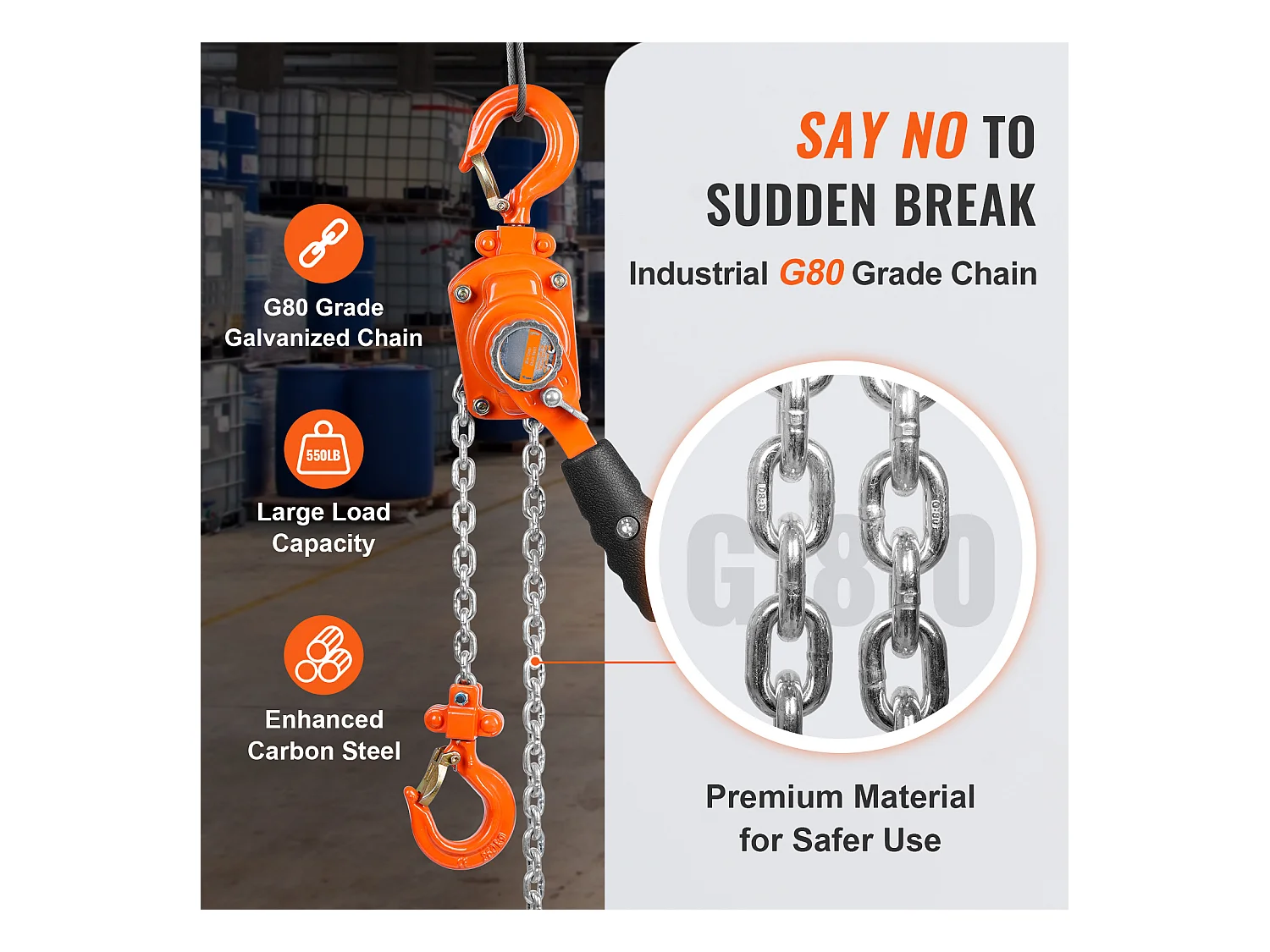 Palan à Chaîne à Levier SucceBuy, Capacité de 249 kg, 152,4 cm, Cliquet G80, pour Chantiers de Construction, Quais et Entrepôts