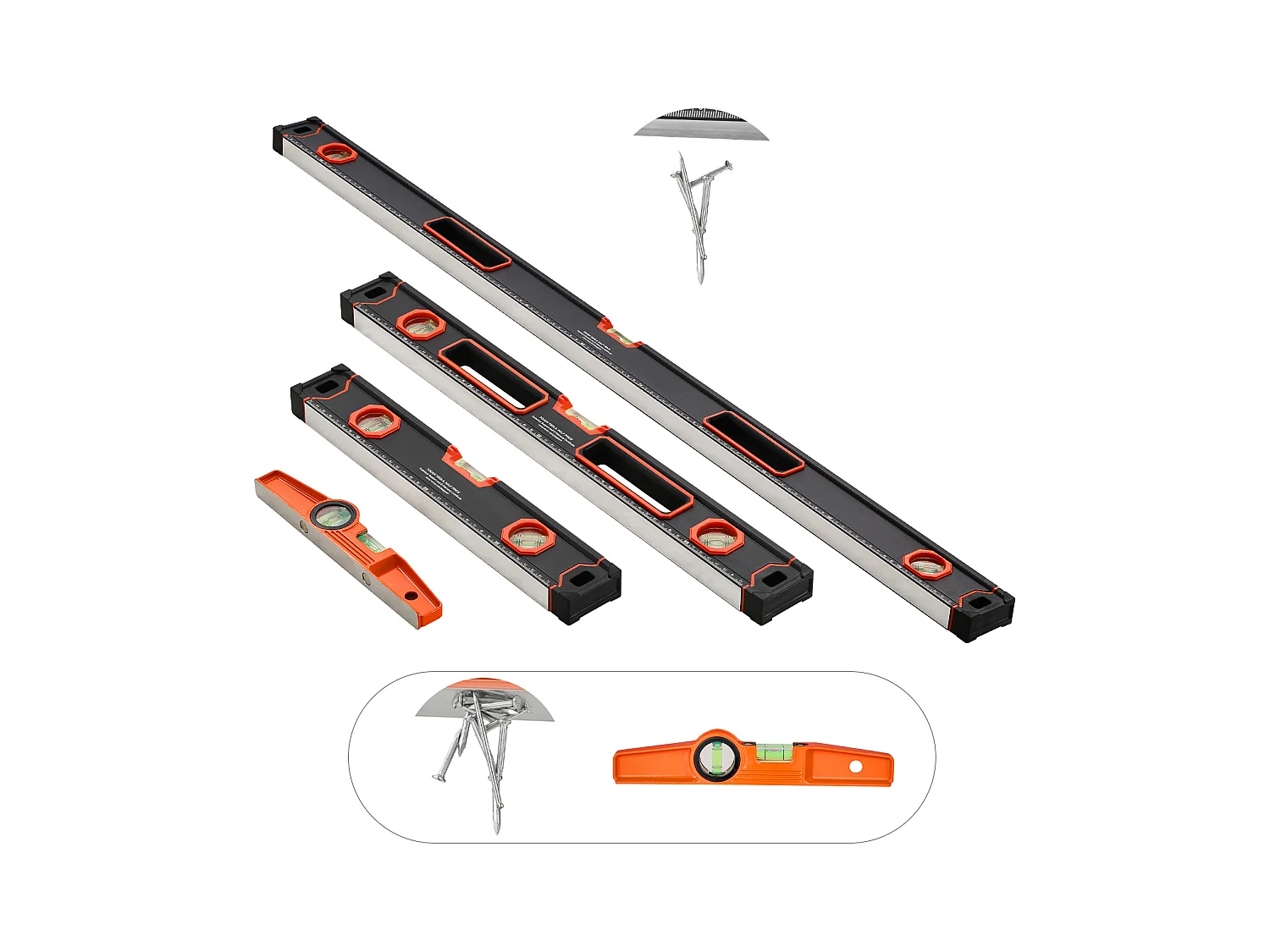 Niveau à Torpille Magnétique SucceBuy, Niveleur en Alliage d'Aluminium avec Flacons à Bulles, 4 Pièces, 122/61/41/25 cm