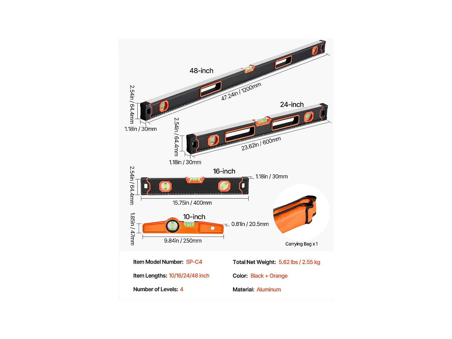 Niveau à Torpille Magnétique SucceBuy, Niveleur en Alliage d'Aluminium avec Flacons à Bulles, 4 Pièces, 122/61/41/25 cm