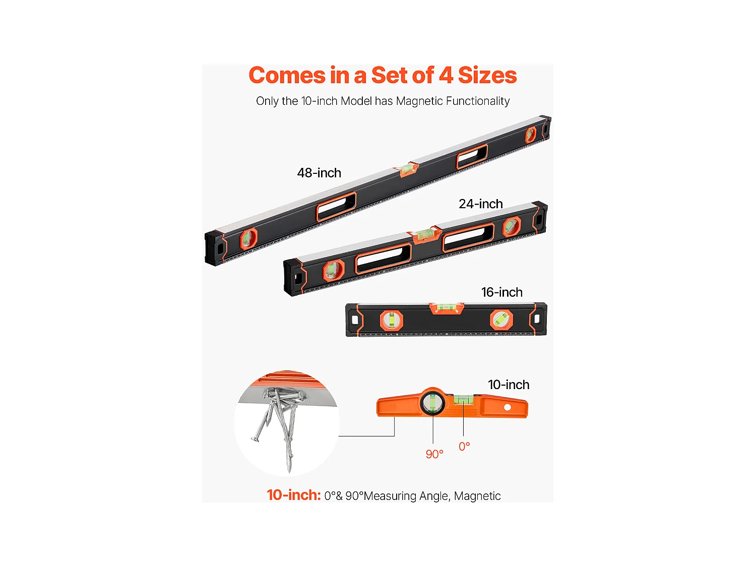 Niveau à Torpille Magnétique SucceBuy, Niveleur en Alliage d'Aluminium avec Flacons à Bulles, 4 Pièces, 122/61/41/25 cm