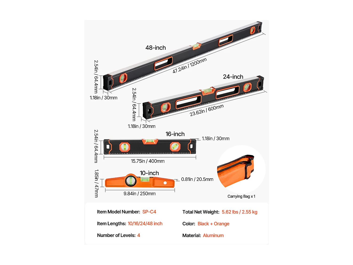 Magnetisch Loodniveau SucceBuy 4 Stukken 122/61/41/25 cm met Belbussen