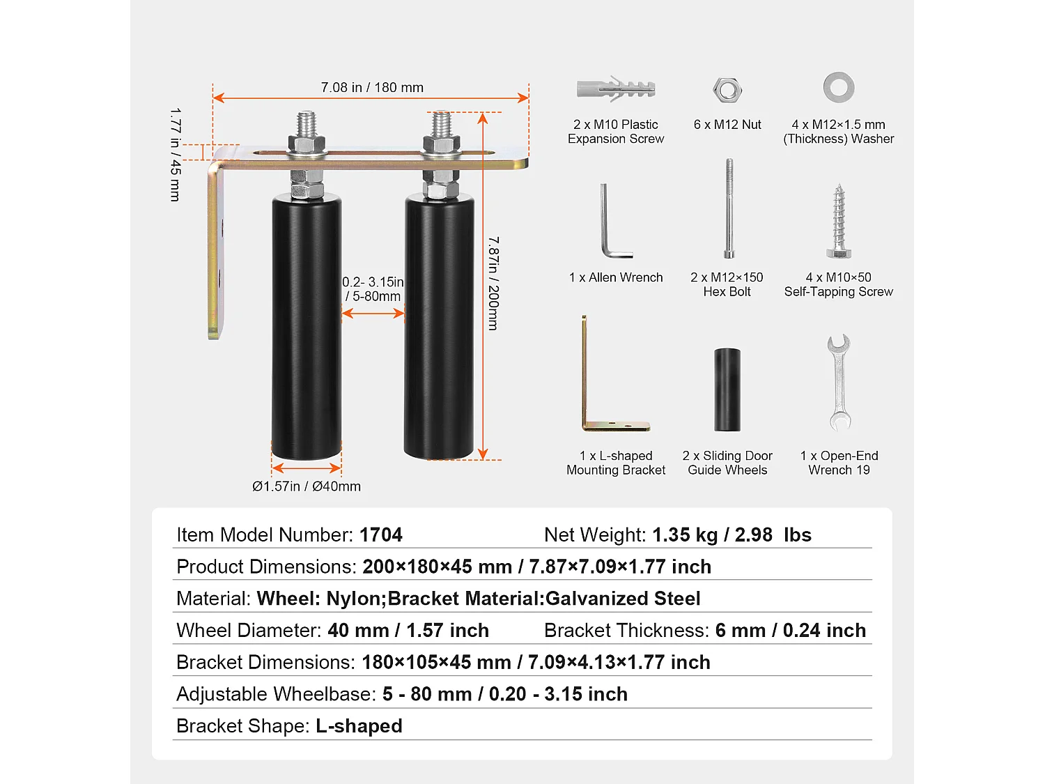 Kit de Portail Coulissant, SucceBuy Kit de Portail Coulissant, Quincaillerie Roulante de 15,24 cm avec Support en L