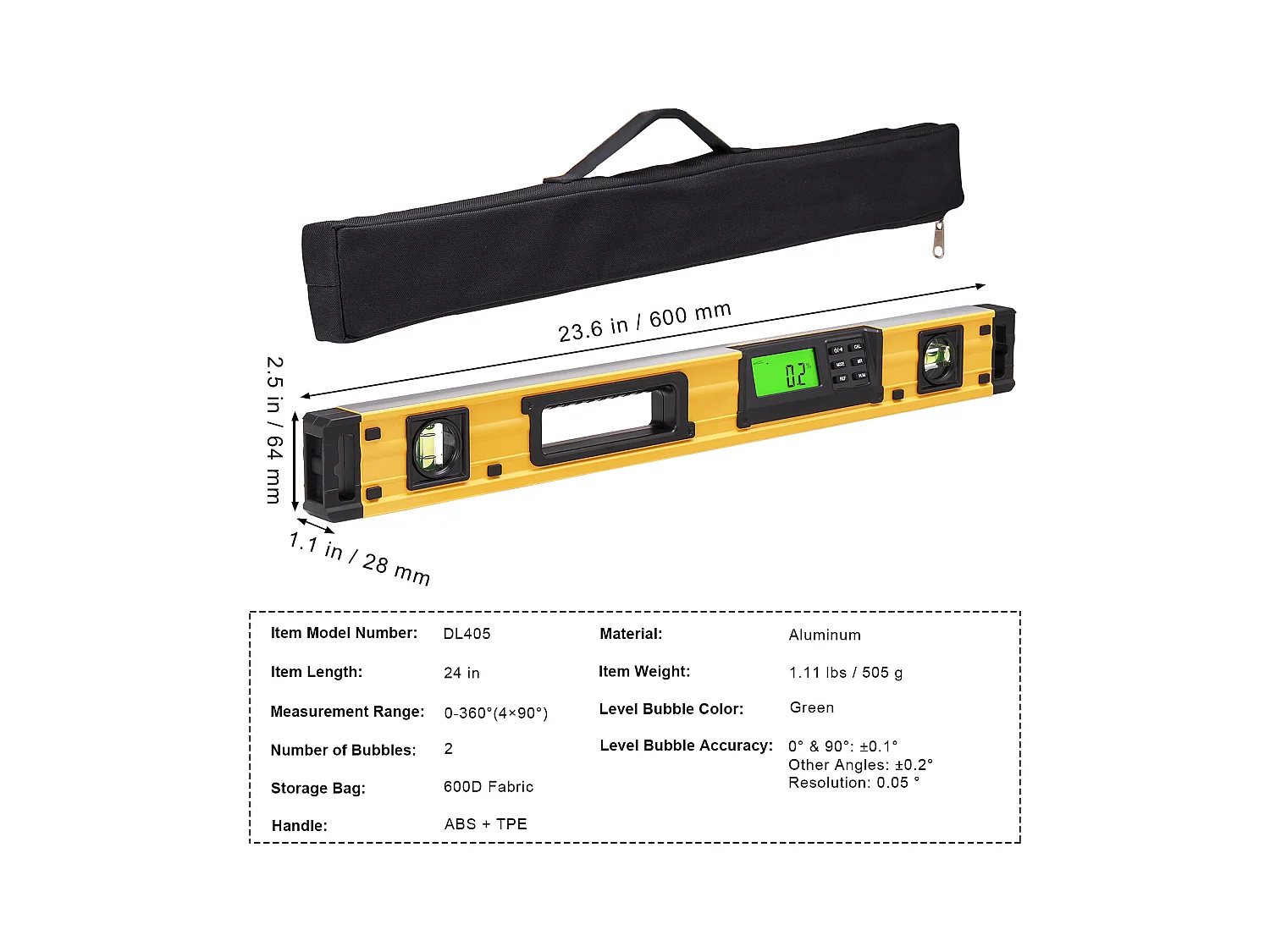 Niveau à Torpille Magnétique SucceBuy 600 mm avec Écran LED Numérique et Capteur de Gravité Étanche