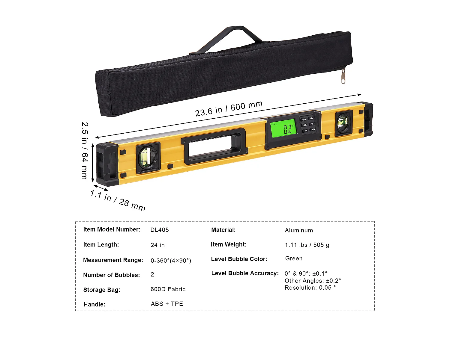 Niveau à Torpille Magnétique SucceBuy 600 mm avec Écran LED Numérique et Capteur de Gravité Étanche