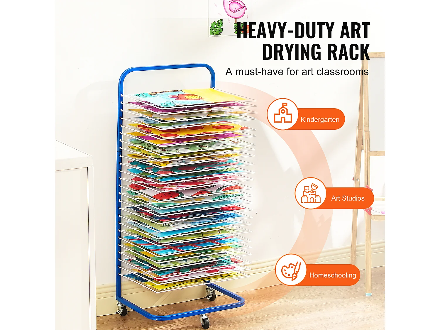 Verfdroger SucceBuy, 25 Verwijderbare Planken, Standaard met Blokkeerbare Wieltjes voor Verf, Kunstwerken in de Klas, Blauw en Wit