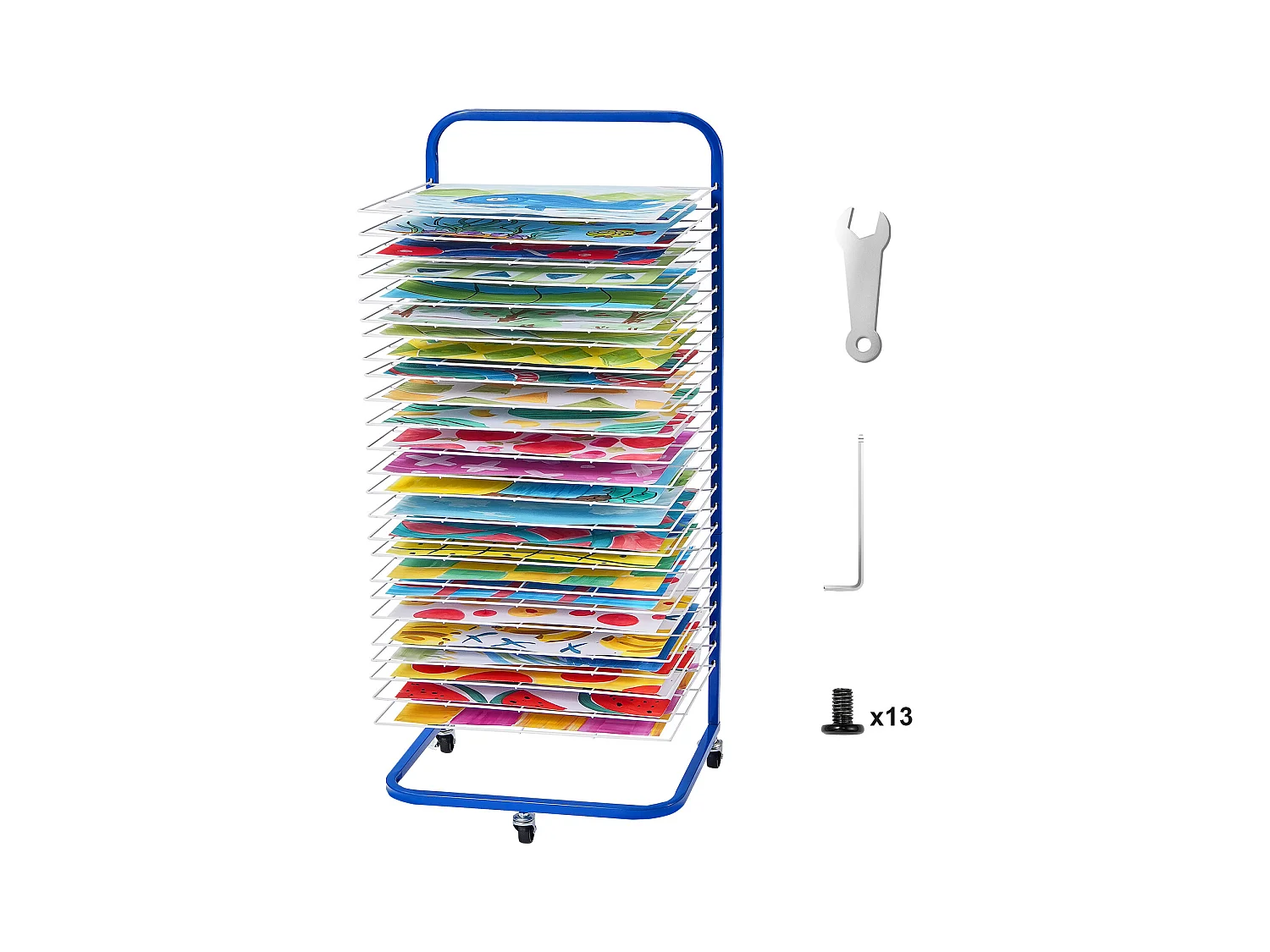 Séchoir à Peinture SucceBuy, 25 Étagères Amovibles, Support avec Roulettes Verrouillables pour Peintures, Œuvres d'Art en Classe, Bleu et Blanc