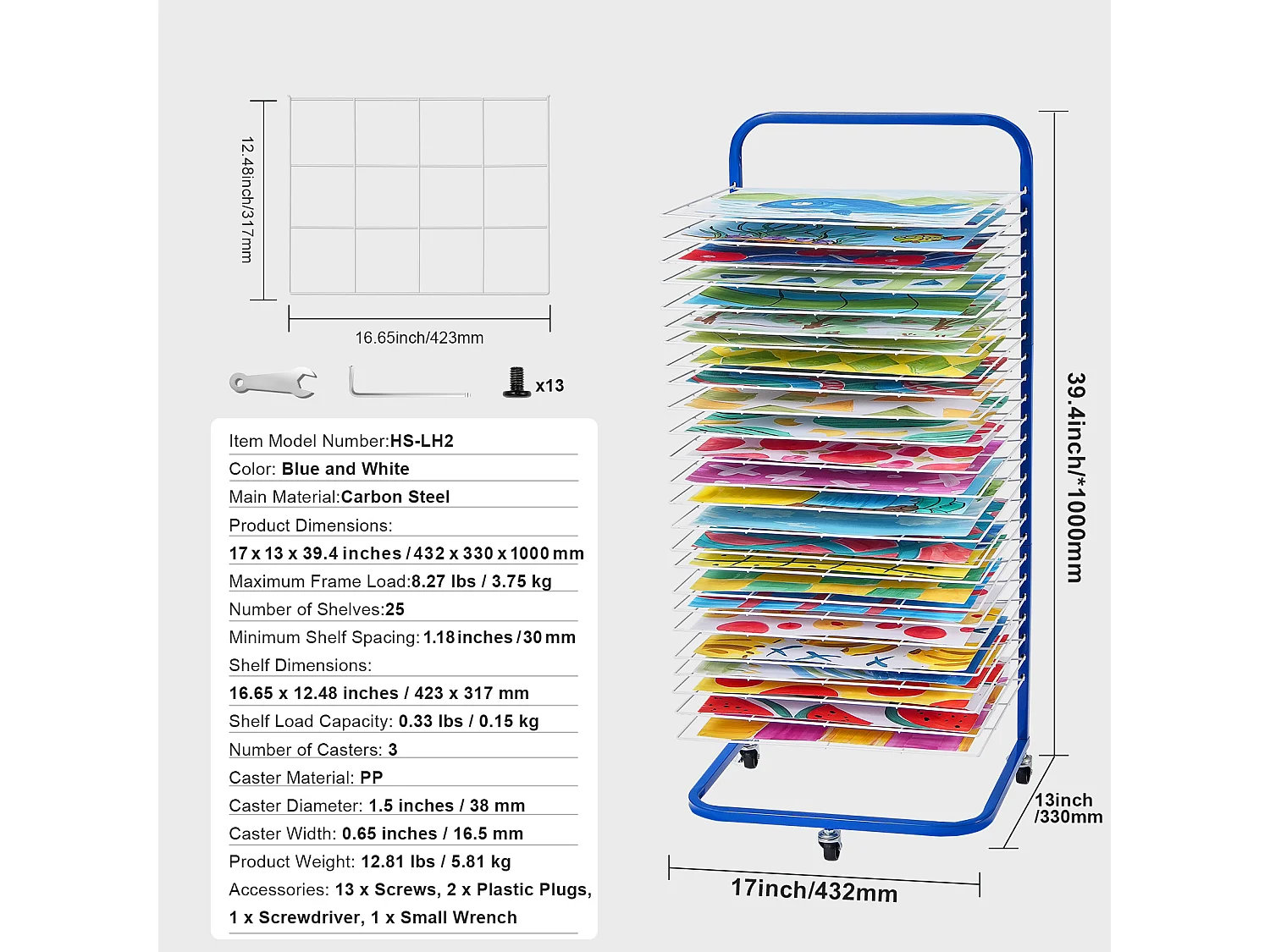 Suszarka do Farby SucceBuy, 25 Wyjmowanych Półek, Stojak z Blokowanymi Kółkami do Farby, Dzieła Sztuki w Klasie, Niebieski i Biały