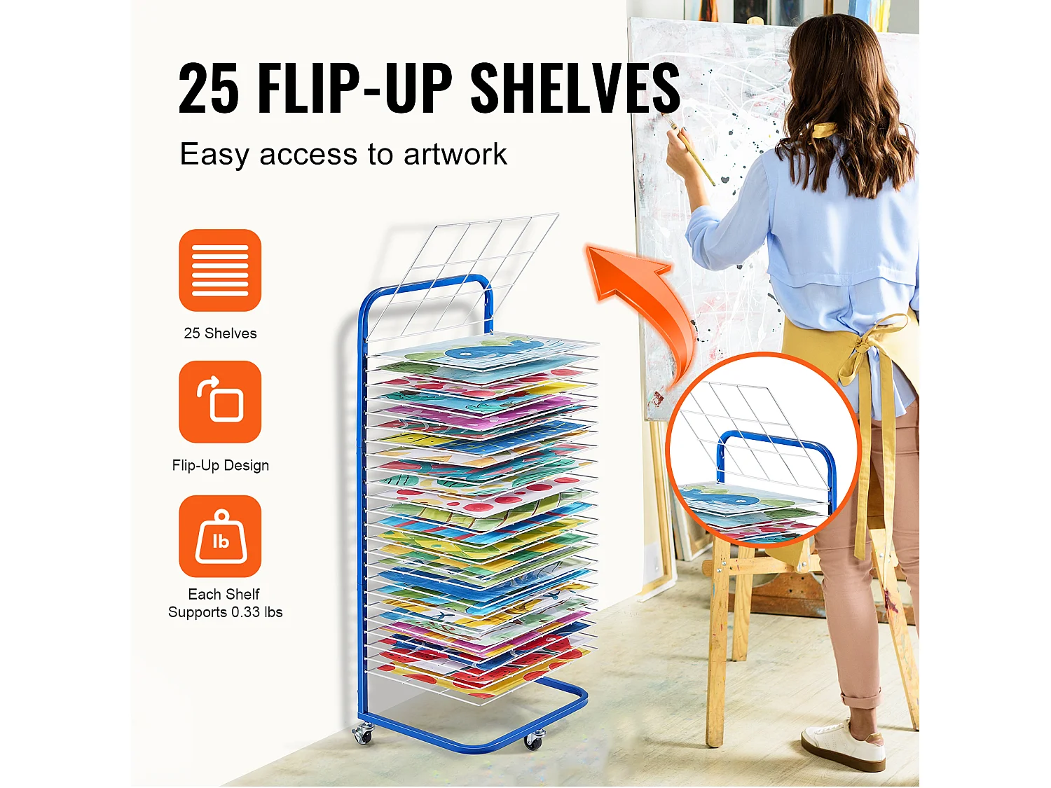 Suszarka do Farby SucceBuy, 25 Wyjmowanych Półek, Stojak z Blokowanymi Kółkami do Farby, Dzieła Sztuki w Klasie, Niebieski i Biały