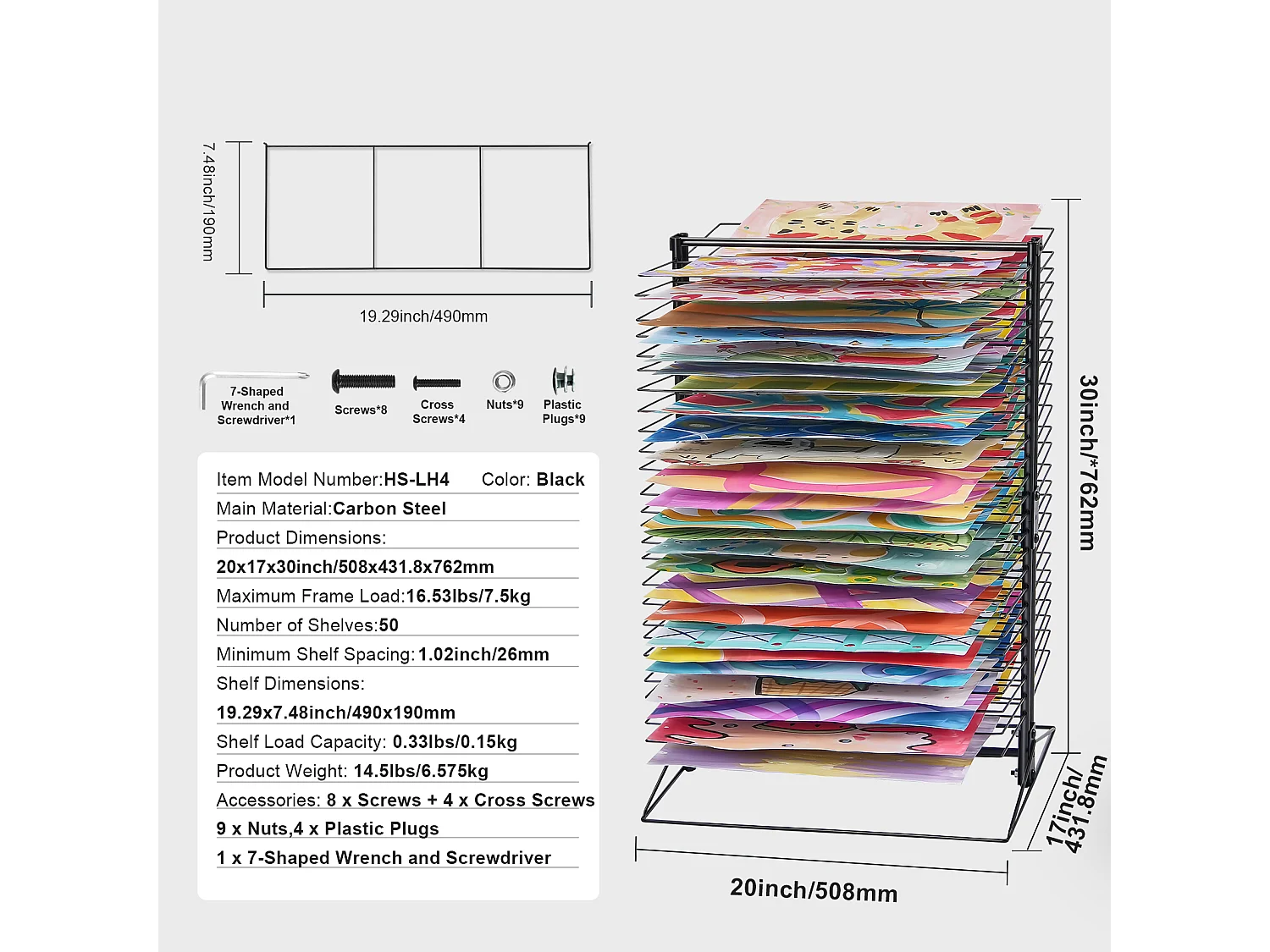Séchoir à Peinture SucceBuy, 50 Étagères Amovibles pour la Peinture, Salle de Classe, Supporte jusqu'à 7,5 kg, Construction Entièrement en Métal Durable