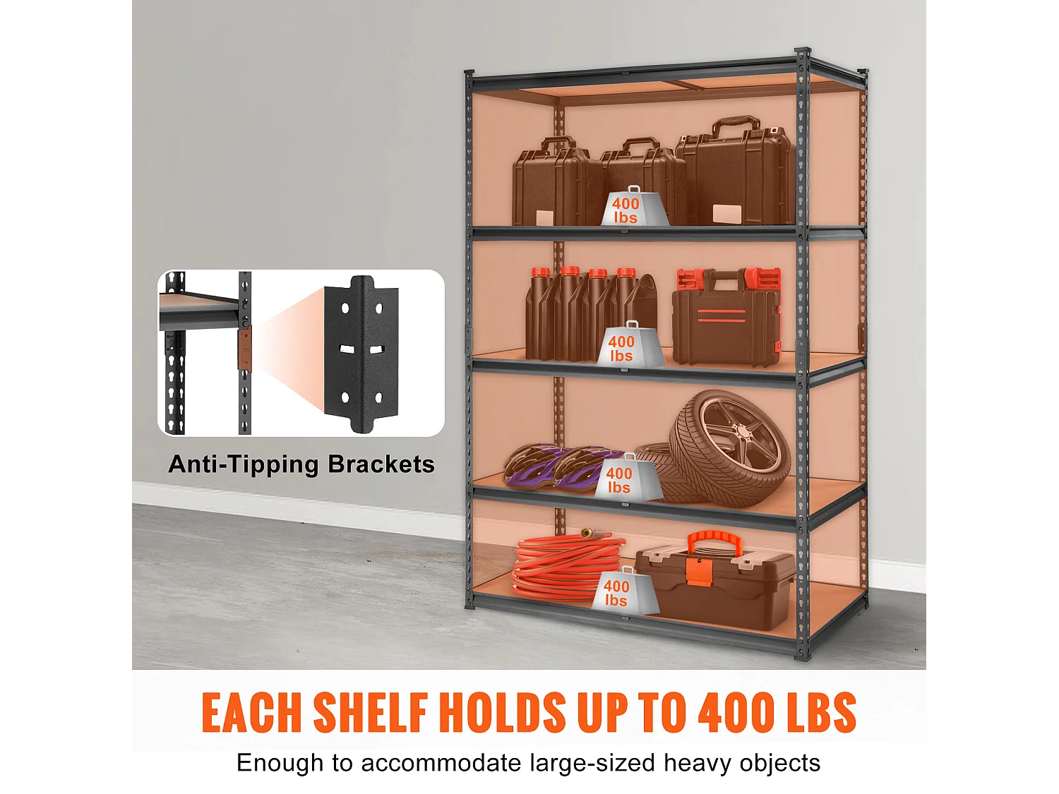 Opbergrek voor Garage SucceBuy, 5 Niveaus, Verstelbaar, Draagvermogen 907 kg, van SPCC-Koolstofstaal