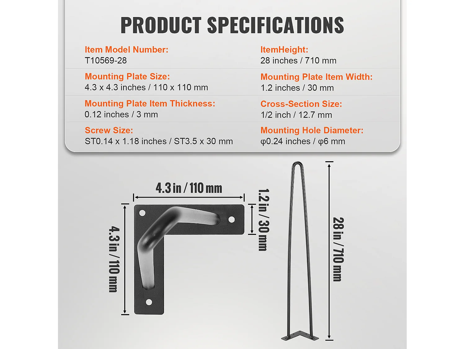 Pieds de Meuble SucceBuy, 71.12cm, Métal, Robuste, Table à Manger, Moderne, Parfaits pour Meubles de Salon et Design Contemporain