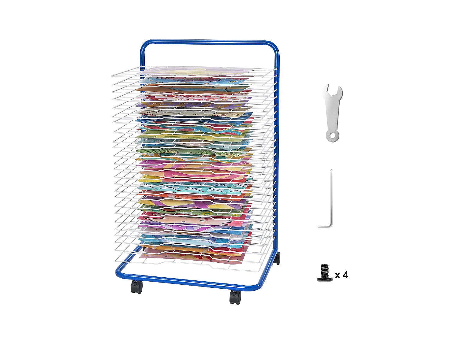 Kunstdroger SucceBuy 25 Verwijderbare Planken 4 Wieltjes, Blokkeerbare Wieltjes, Koolstofstaal voor Kunstwerken, Blauw + Wit