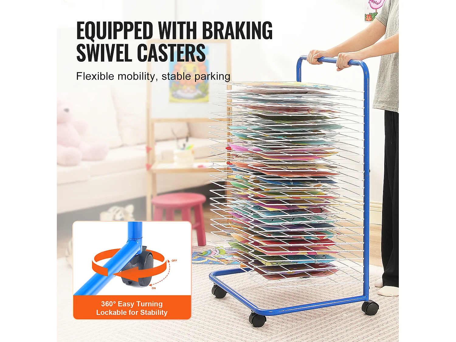 Séchoir à Art SucceBuy 25 Étagères Amovibles 4 Roues, Roues Verrouillables, Acier au Carbone pour Œuvres d'Art, Bleu + Blanc