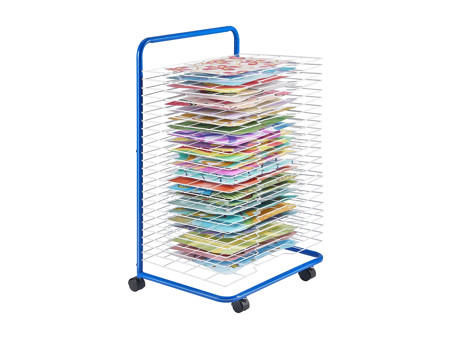Séchoir à Art SucceBuy 25 Étagères Amovibles 4 Roues, Roues Verrouillables, Acier au Carbone pour Œuvres d'Art, Bleu + Blanc