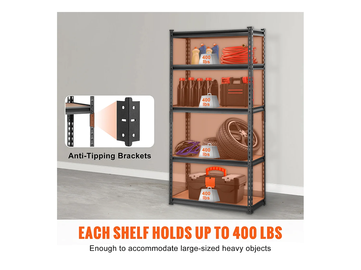 Opbergrek voor Garage SucceBuy, 5 Niveaus, Verstelbaar, Draagvermogen 907 kg, van SPCC-Koolstofstaal