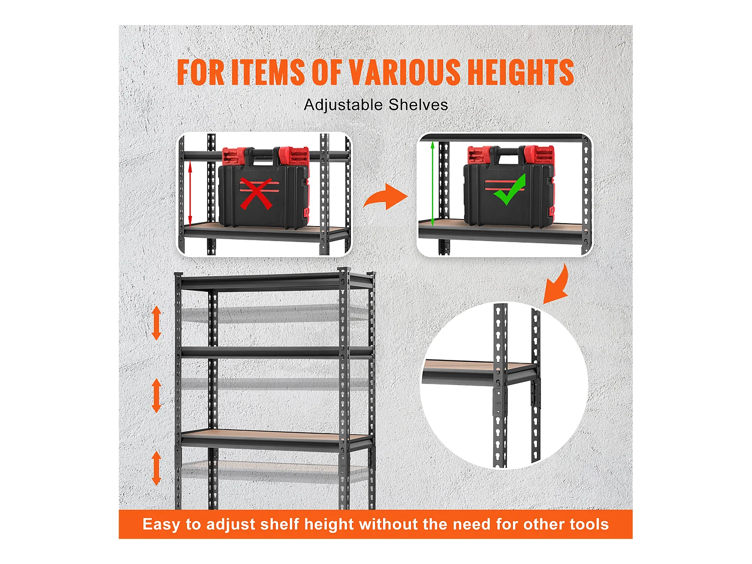 Opbergrek voor Garage SucceBuy, 5 Niveaus, Verstelbaar, Draagvermogen 907 kg, van SPCC-Koolstofstaal