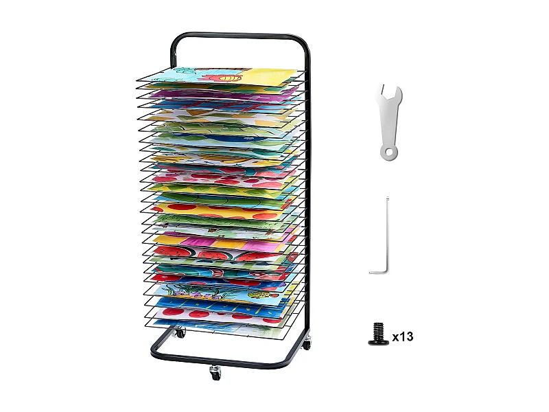 Séchoir à Peinture SucceBuy 25 Étagères avec Roulettes, Noir, Équipé de 3 Roulettes Pivotantes, dont Deux avec Freins, Supporte jusqu'à 3,75 kg