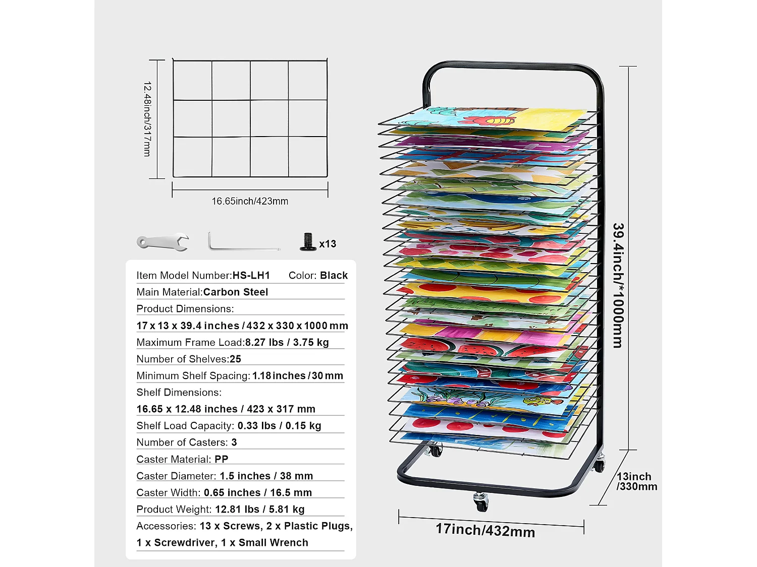 Suszarka do Farby SucceBuy 25 Półek z Kółkami, Czarny, Wyposażony w 3 Obrotowe Kółka, dwa z Hamulcami, Utrzymuje do 3,75 kg
