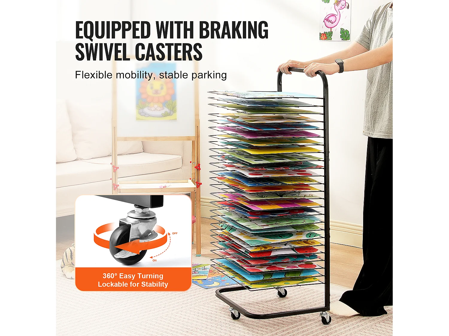 Suszarka do Farby SucceBuy 25 Półek z Kółkami, Czarny, Wyposażony w 3 Obrotowe Kółka, dwa z Hamulcami, Utrzymuje do 3,75 kg