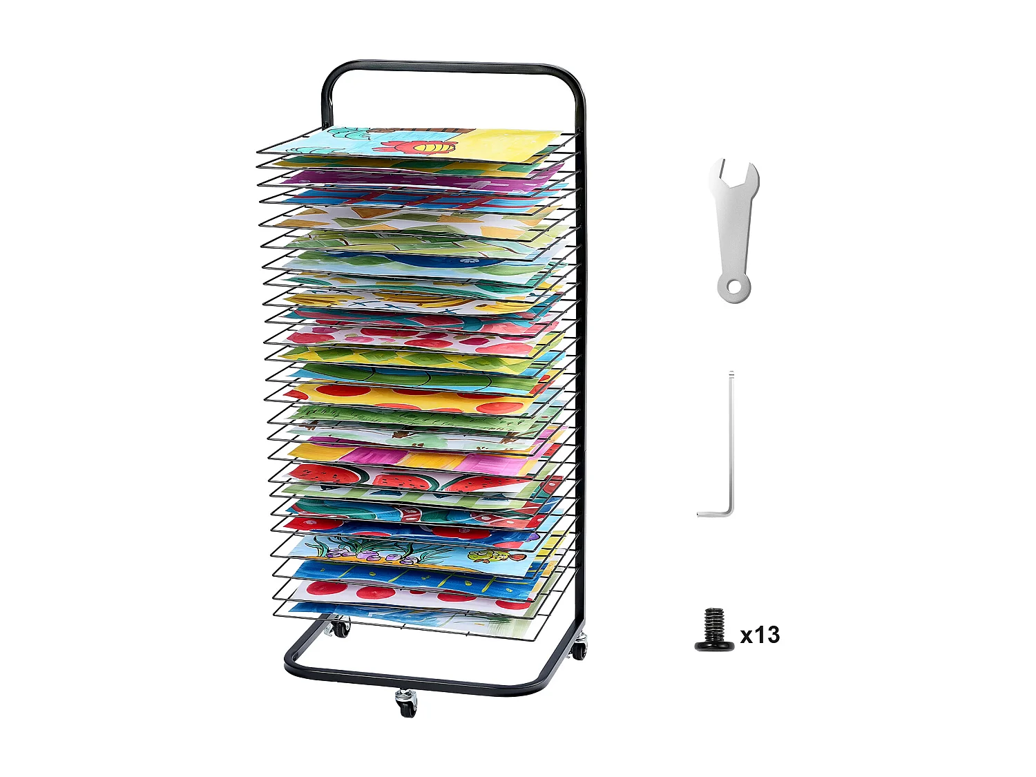 Séchoir à Peinture SucceBuy 25 Étagères avec Roulettes, Noir, Équipé de 3 Roulettes Pivotantes, dont Deux avec Freins, Supporte jusqu'à 3,75 kg