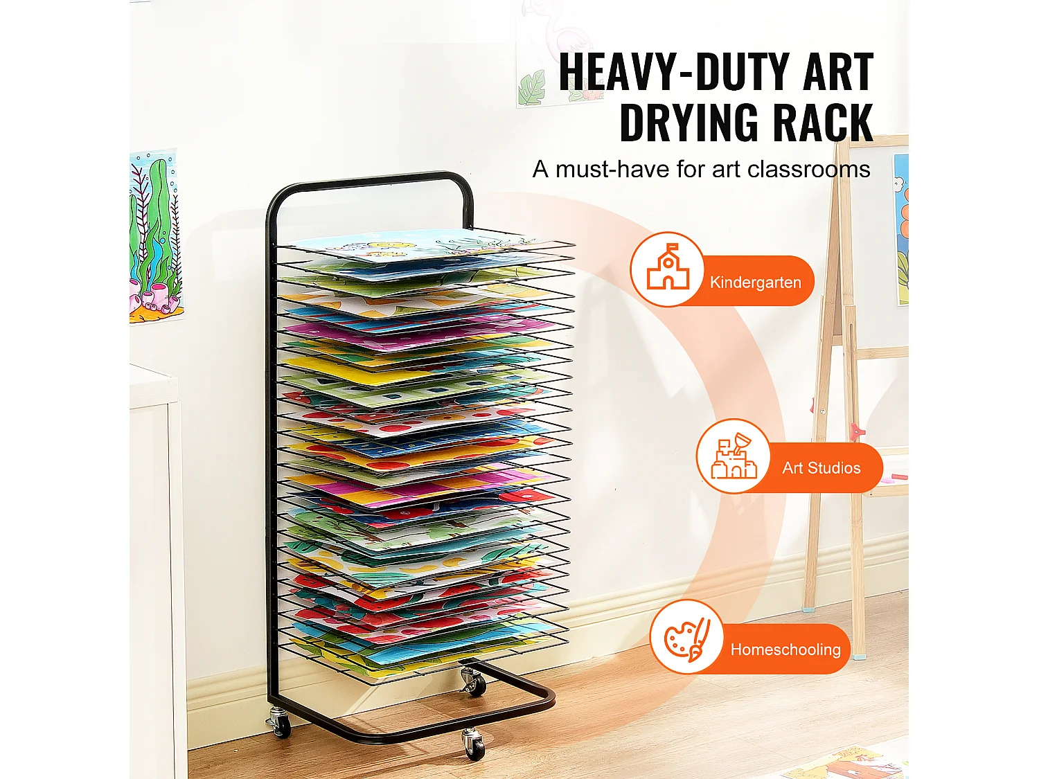 Séchoir à Peinture SucceBuy 25 Étagères avec Roulettes, Noir, Équipé de 3 Roulettes Pivotantes, dont Deux avec Freins, Supporte jusqu'à 3,75 kg