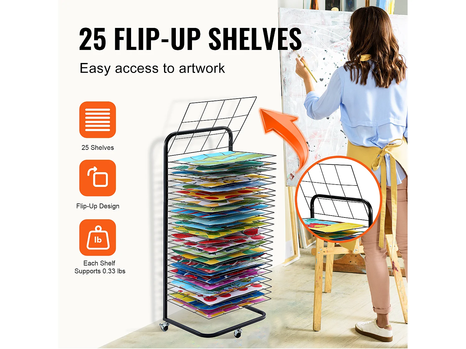 Séchoir à Peinture SucceBuy 25 Étagères avec Roulettes, Noir, Équipé de 3 Roulettes Pivotantes, dont Deux avec Freins, Supporte jusqu'à 3,75 kg