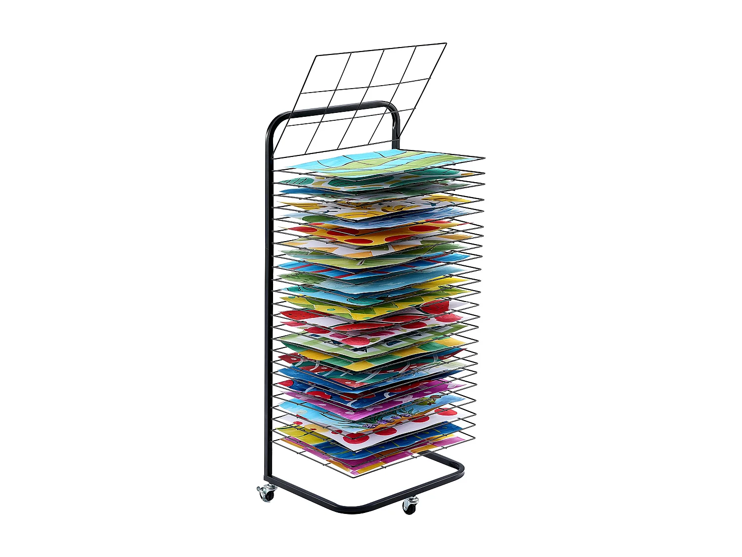 Séchoir à Peinture SucceBuy 25 Étagères avec Roulettes, Noir, Équipé de 3 Roulettes Pivotantes, dont Deux avec Freins, Supporte jusqu'à 3,75 kg