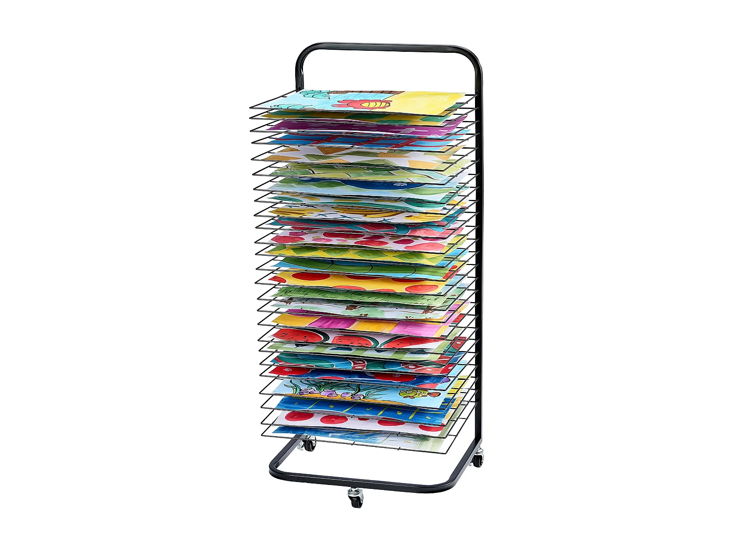 Séchoir à Peinture SucceBuy 25 Étagères avec Roulettes, Noir, Équipé de 3 Roulettes Pivotantes, dont Deux avec Freins, Supporte jusqu'à 3,75 kg