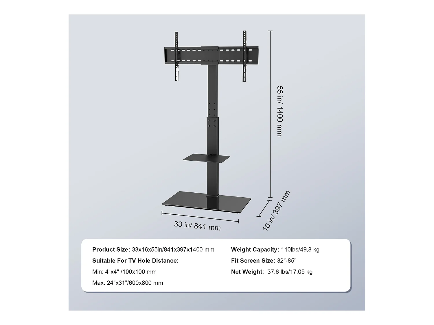 Schwenkbarer TV-Ständer SucceBuy, Höhenverstellbar für Fernseher von 81 bis 216 CM, Tragbarer Bodenständer mit Gehärteter Glasbasis, Schlafzimmer