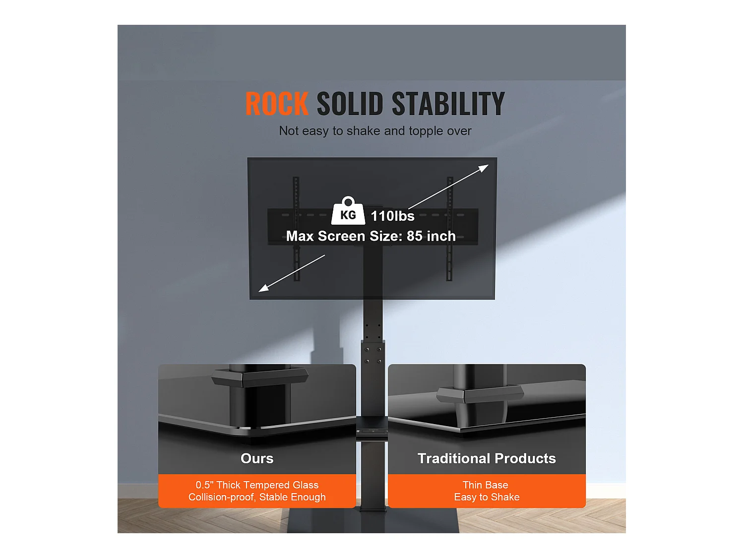 Schwenkbarer TV-Ständer SucceBuy, Höhenverstellbar für Fernseher von 81 bis 216 CM, Tragbarer Bodenständer mit Gehärteter Glasbasis, Schlafzimmer