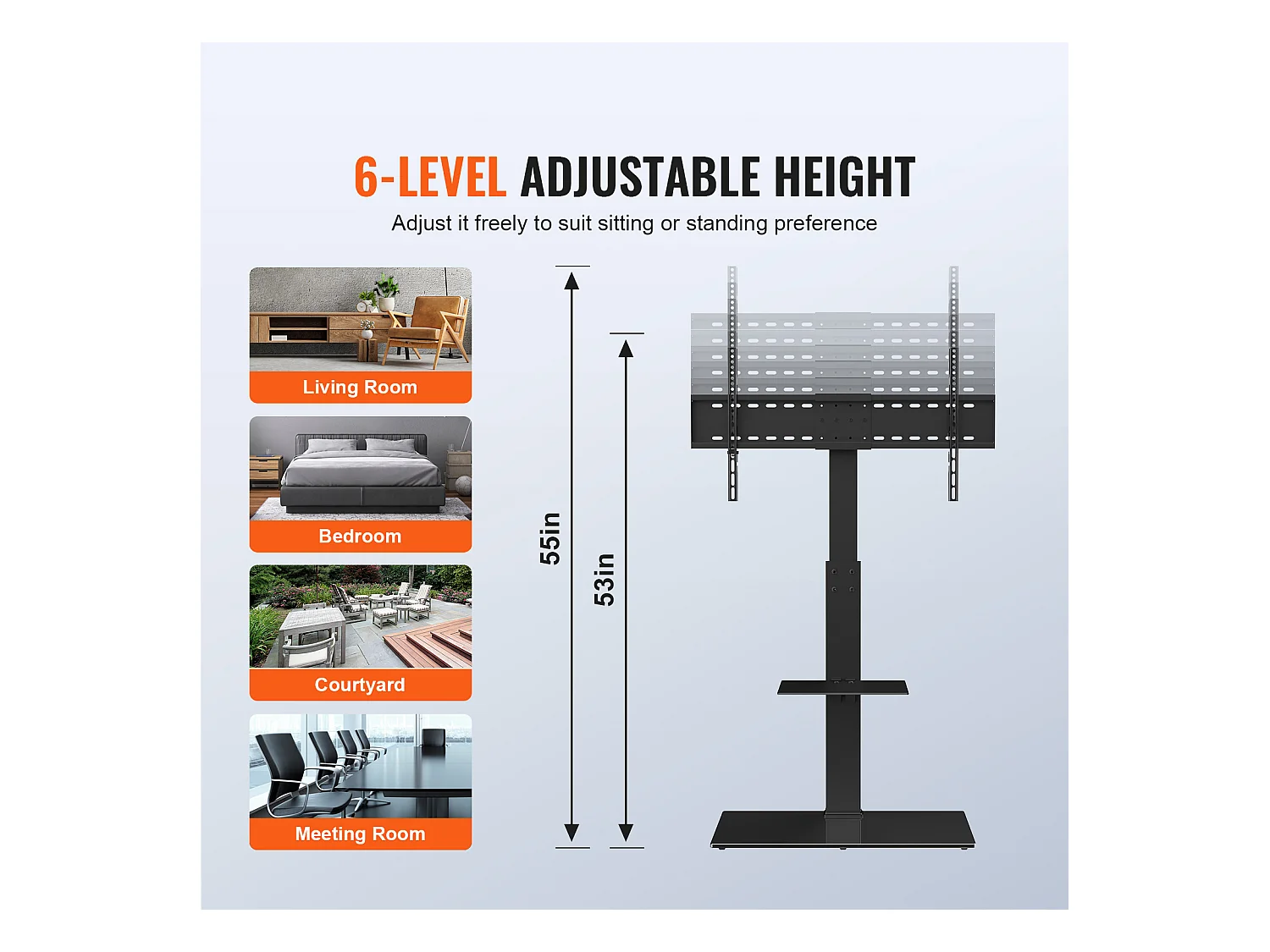 Schwenkbarer TV-Ständer SucceBuy, Höhenverstellbar für Fernseher von 81 bis 216 CM, Tragbarer Bodenständer mit Gehärteter Glasbasis, Schlafzimmer