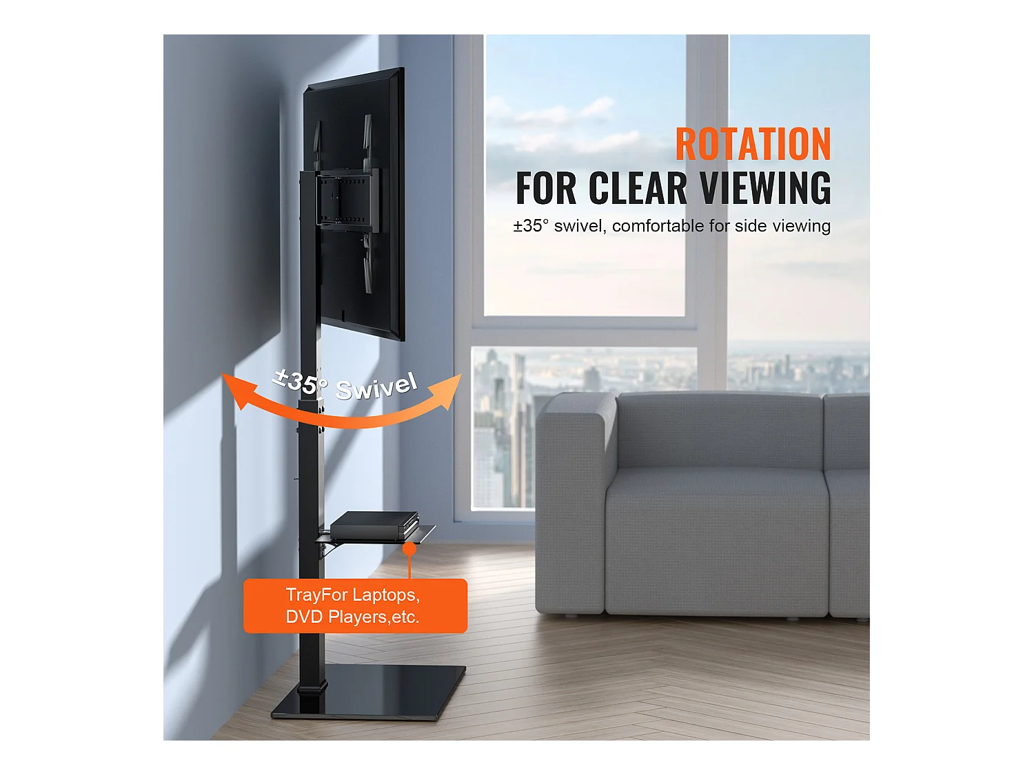 Schwenkbarer TV-Ständer SucceBuy, Höhenverstellbar für Fernseher von 81 bis 216 CM, Tragbarer Bodenständer mit Gehärteter Glasbasis, Schlafzimmer